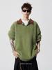 Men's Trendy Retro Green Color-Block Fluffy Lapel Sweater