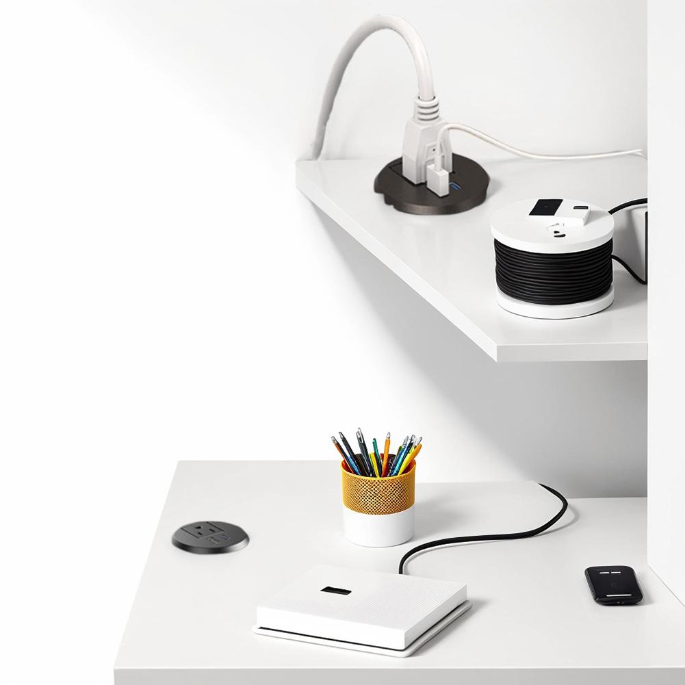 Desk Power Grommet Outlet 2M Extension Cord Table Outlets 2 USB/1 USB + PD 18W Type C Ports for Office PC Desk Cable Cord Cover