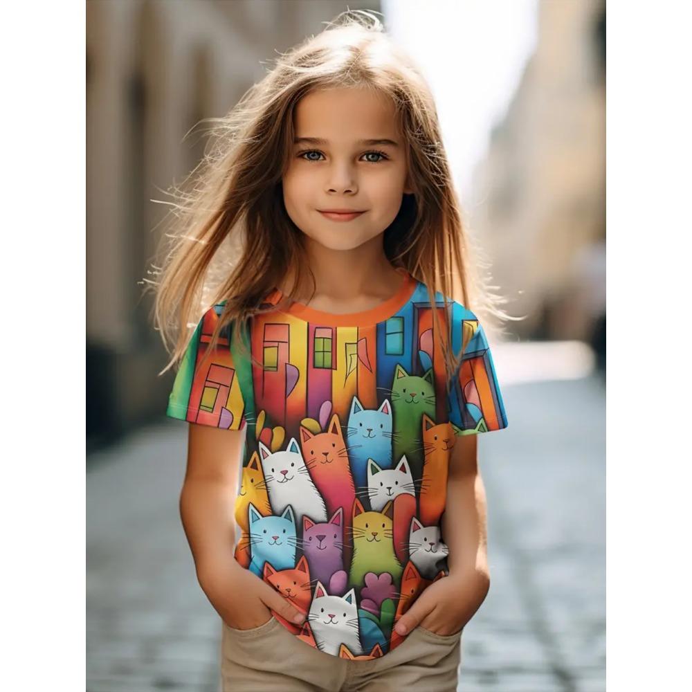 Colorful Cat Girl's T-Shirt Cute Patterns Summer Short Sleeves 3D Print Girl's Top Fashion Casual Streetwear Children's Clothing
