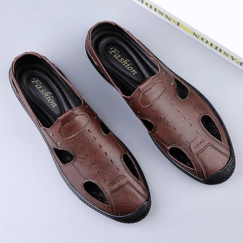 Fashion Summer Casual  Leather Men Outdoor Sandals Fashion Flat Designer Breathable Casual Walking Shoe Soft Bottom Beach Sandal