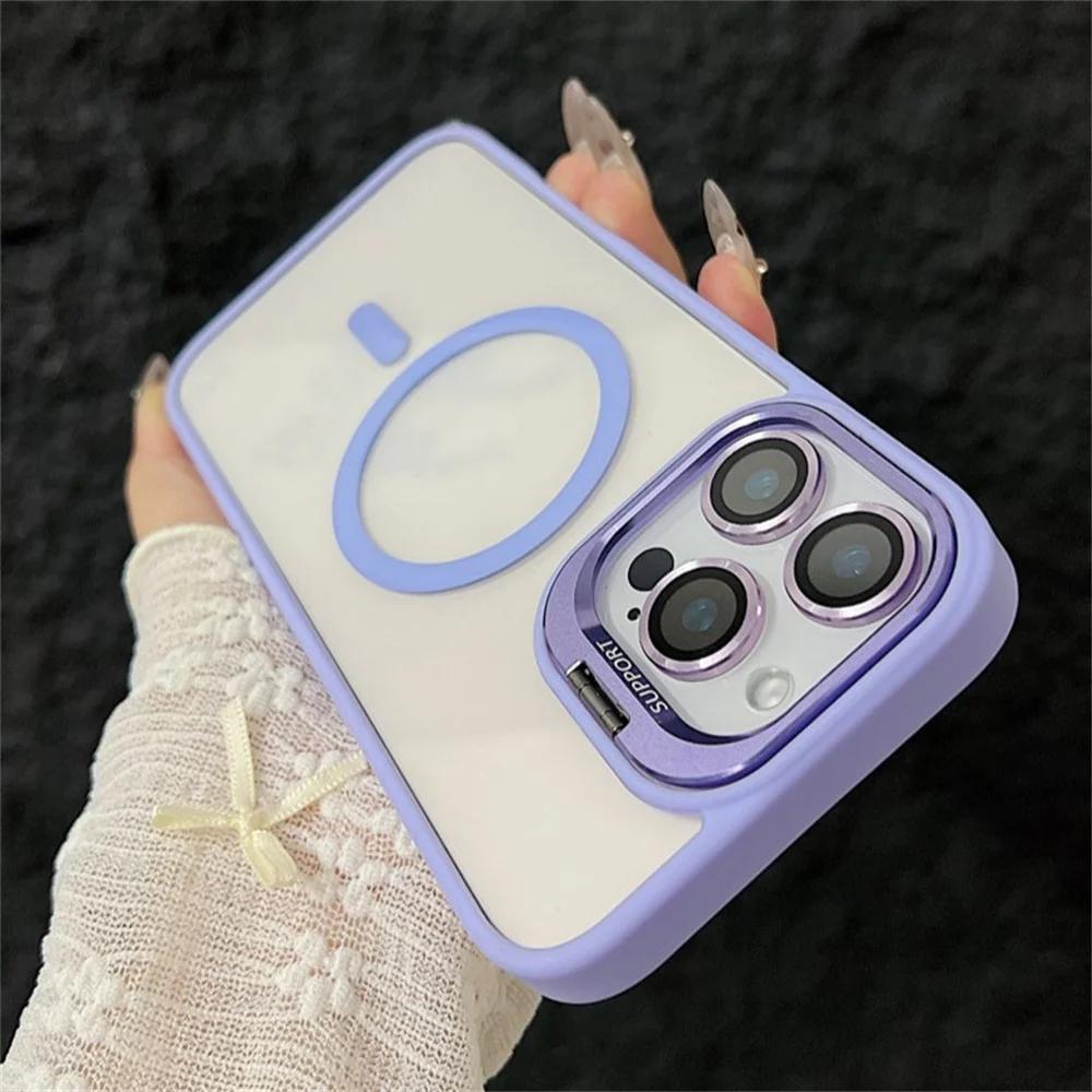 iPhone 16 15 14 13 12 11 Pro Max 16 Plus İçin Magsafe Standlı Manyetik Darbeye Dayanıklı Lüks Telefon Kılıfı Cam Lens Koruyucu Kapak