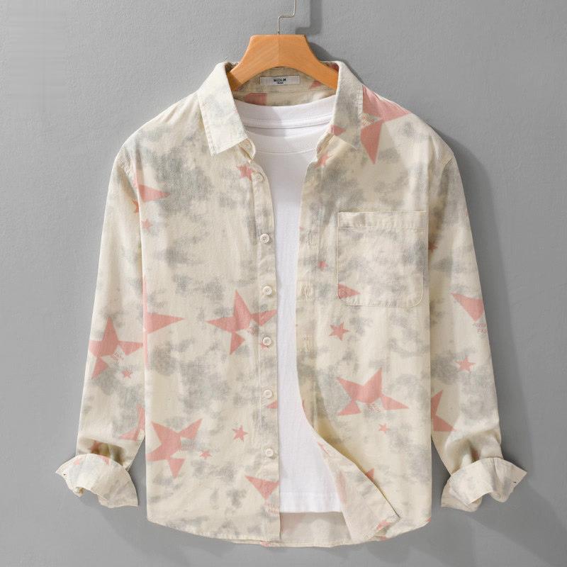 Mens Star Print Long Sleeve Shirt Casual Button Down Shirt with Pocket for Daily Wear