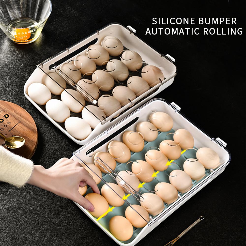New Automatic Rolling Egg Box Kitchen Items Refrigerator Storage Organizer Household Transparent Drawer Tray Space Saver
