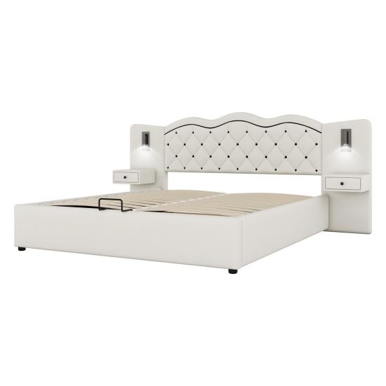 180x200cm Flat Bed, Upholstered Bed, Integrated Headboard, Hydraulic Lifting Mechanism, USB Connection, Two Bedside Lamps, Large Storage Space, Grey,