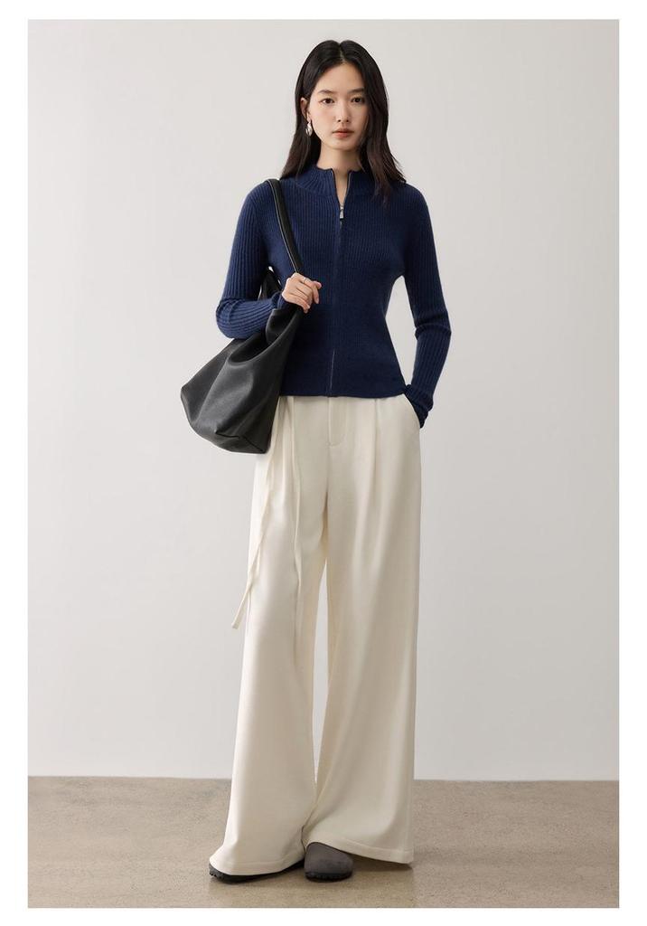 Lekasha Striped Cashmere Stand Collar Zip Cardigan