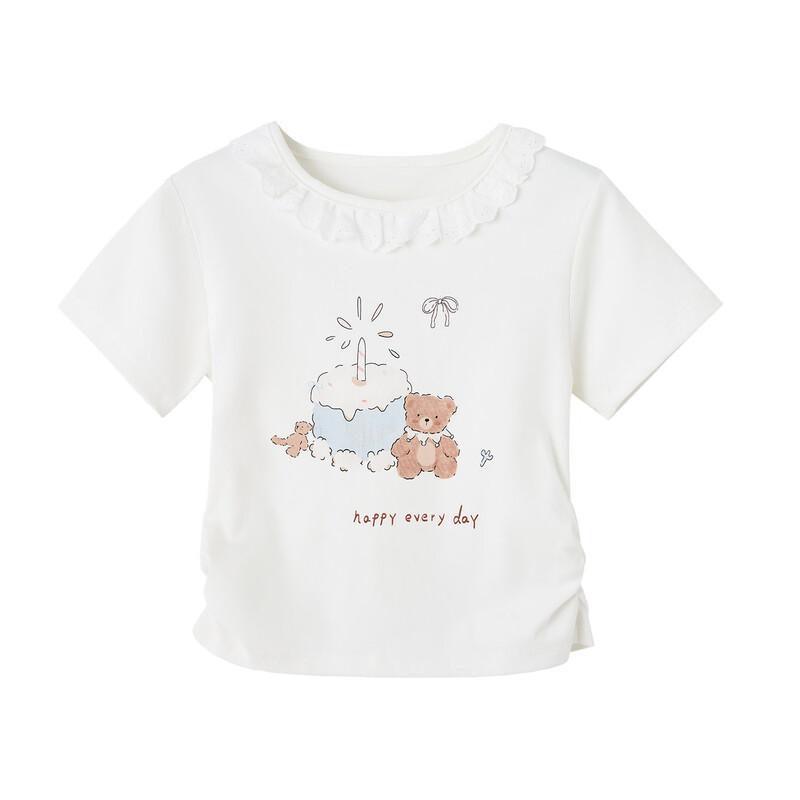 Girls' Cartoon Print Short Sleeve T-Shirt with Lace Trim