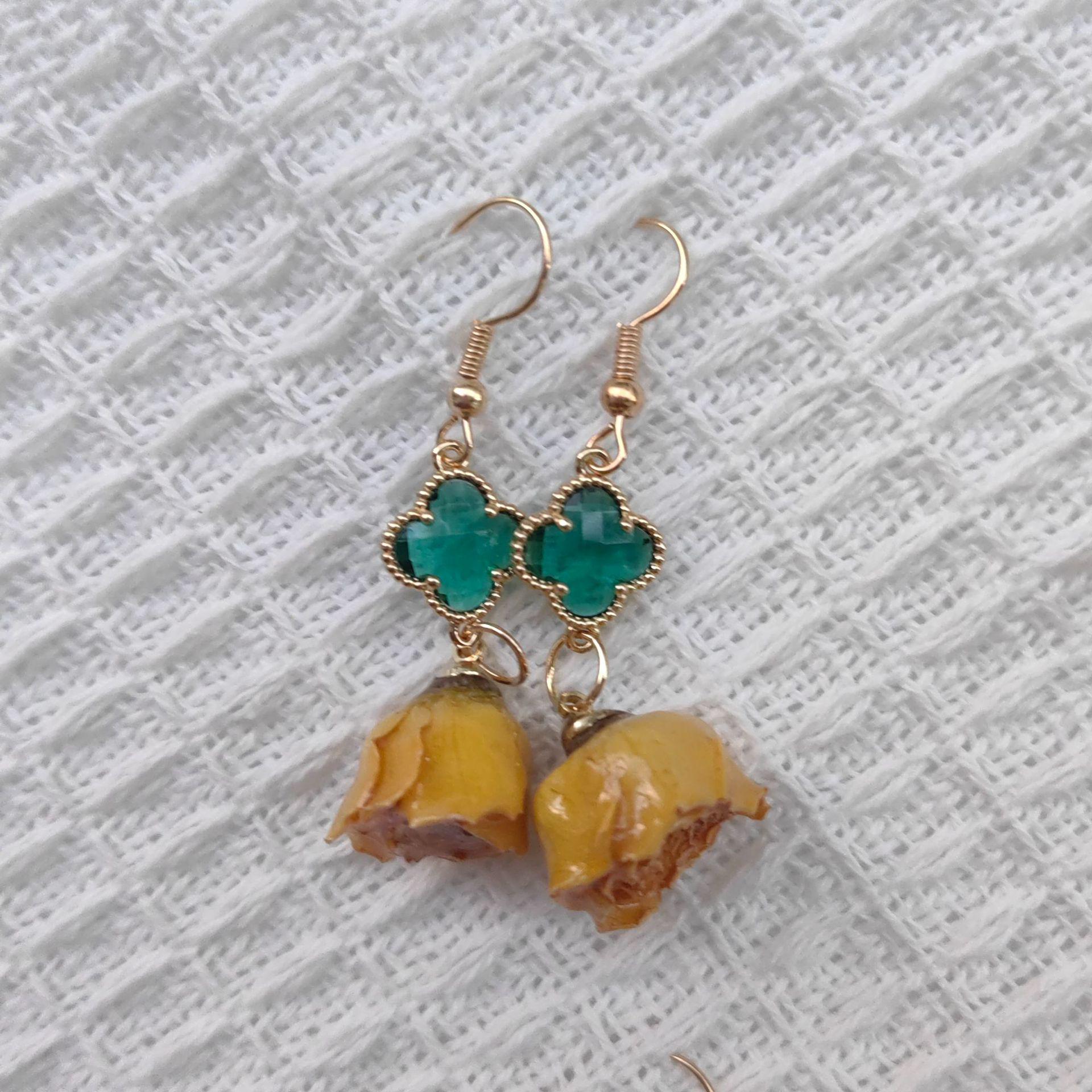 Handmade Ancient-Style Long Earrings with Natural Dried Rose and Sweet Zircon