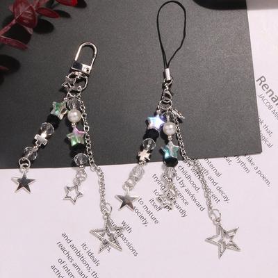 Goth Y2K Phone Charm Star Pearl Keychain Pendant Kawaii Key Chain Bag Beaded Phone Chain Cute Accessory For Girls Women Jewelry