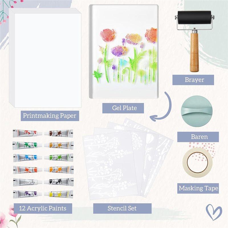 12 X 14 Inch Gel Printing Plate Kit Complete Monoprinting Set With Brayer, Acrylic Paint, Paper And Tools For Art Class