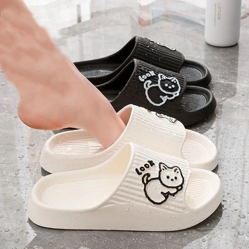 WTEMPO Lovely Couple Slippers Summer Thick Sole Makaron Color Cartoon Animal Stripe Flat Heel Soft Sole Indoor and Outdoor Bathroom Anti-slip Slippers