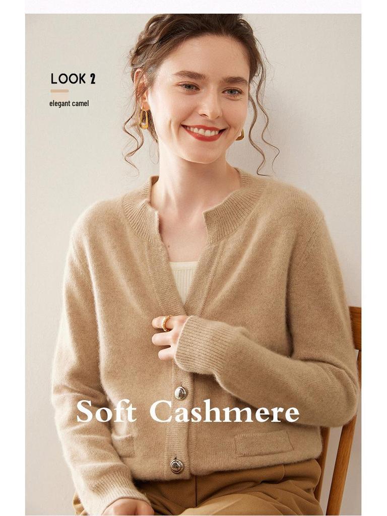 Dámský kašmírový kardigan slim fit - Stylový a všestranný pletený svetr s kulatým výstřihem