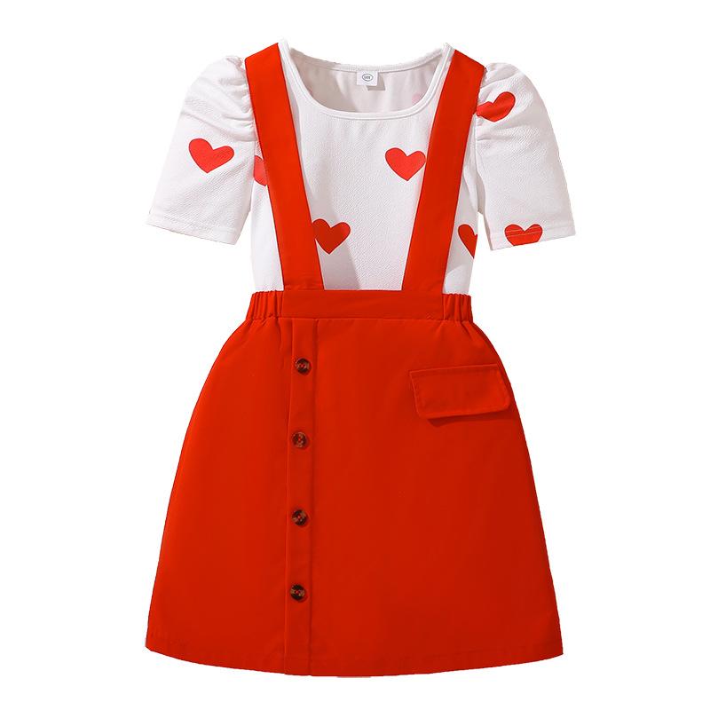 Girls' Fashion Set 2025 Summer Children's Sweet Love Short-sleeved Top with Suspenders Skirt Set
