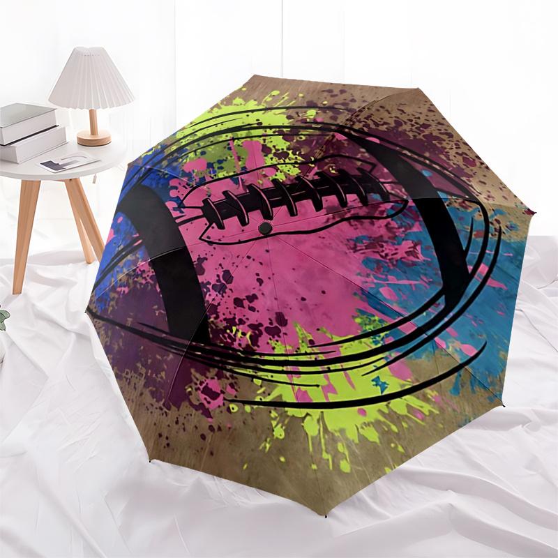 Colorful Football Splash Art Automatic Opening/Closing Umbrella - Portable Tri-Fold Design with 8-Bone Iron Frame, Perfect for Fans, Travele