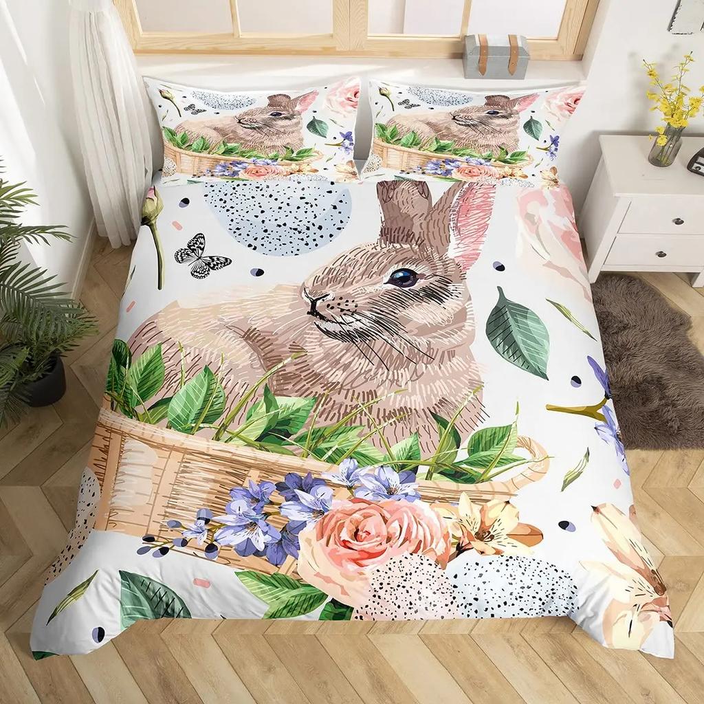 Comforter Kawaii Rabbit Cute Pet Animal Comforter Boho Floral Easter Eggs Bedding Set Happy Easter Gifts For Girls Teens