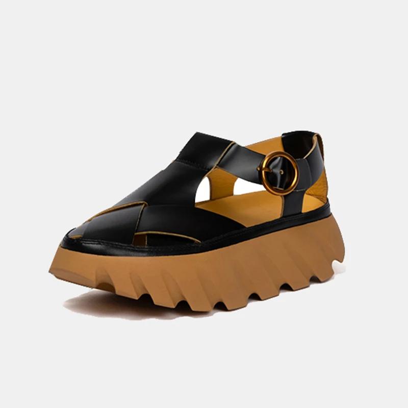 Fashion 2025 Spring Summer Thick-Soled Closed-Toe Sandals for Women Cowhide Casual Outdoor Beach Shoes Platform Hollow Roman Shoes
