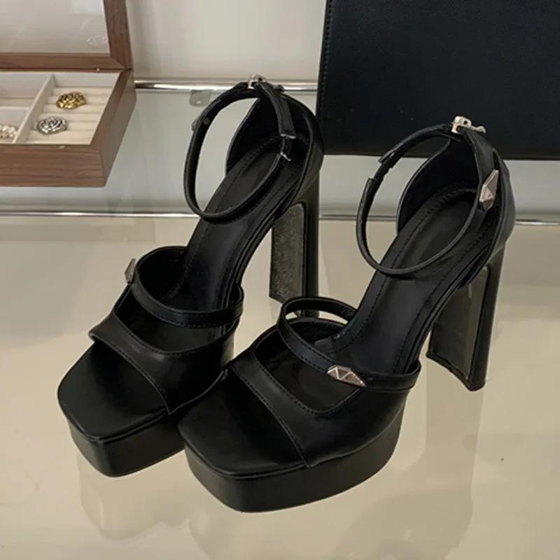 Luxury Patent Leather Platform Sandals Women 2025 Summer Zip Cover Strap Design Chunky High Heels Elegant Banquet Dress Shoes