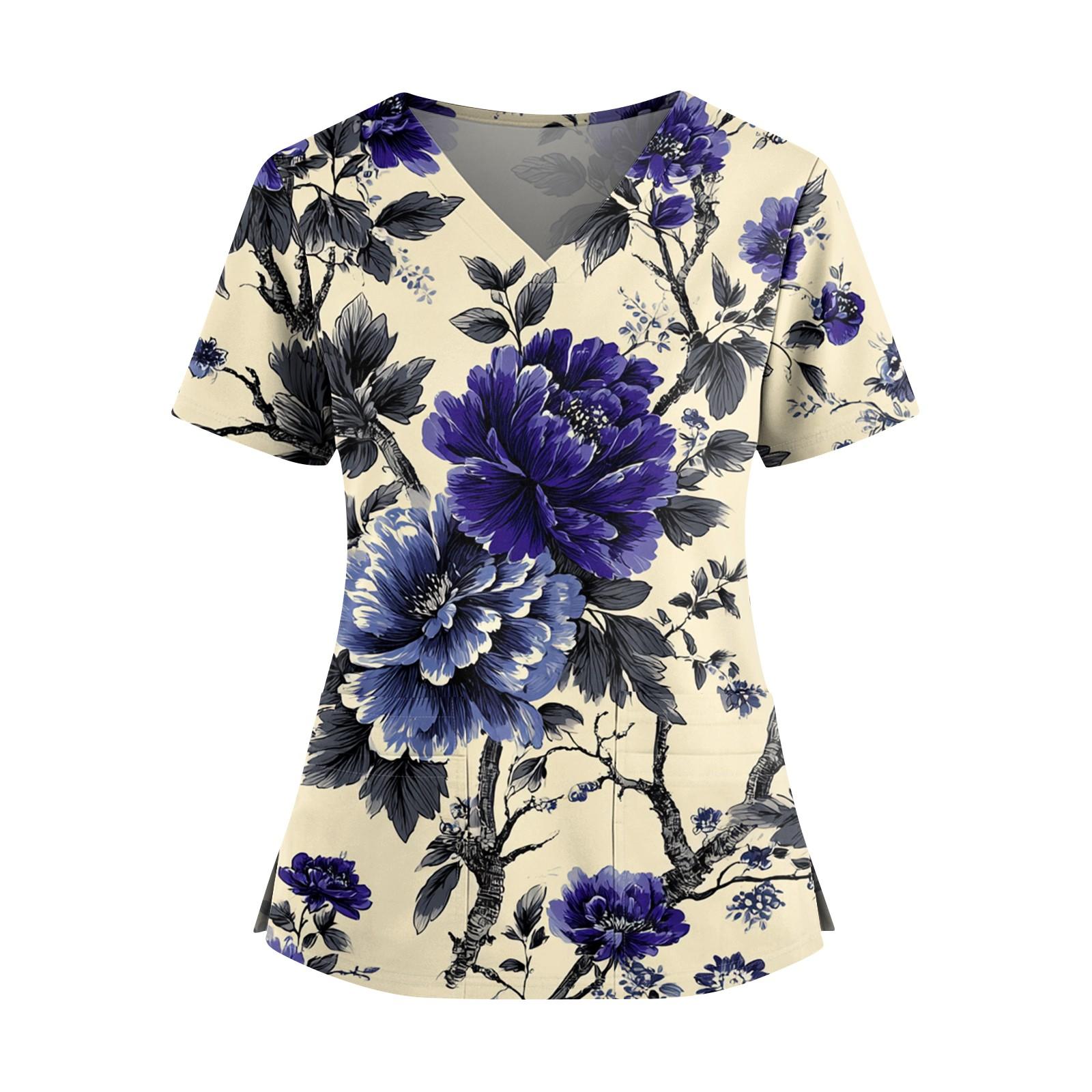 

Женская модная рубашка с цветочным принтом, V-образным вырезом, двойным карманом, короткими рукавами, разрезом по низу и защитным рабочим топом L бежевый