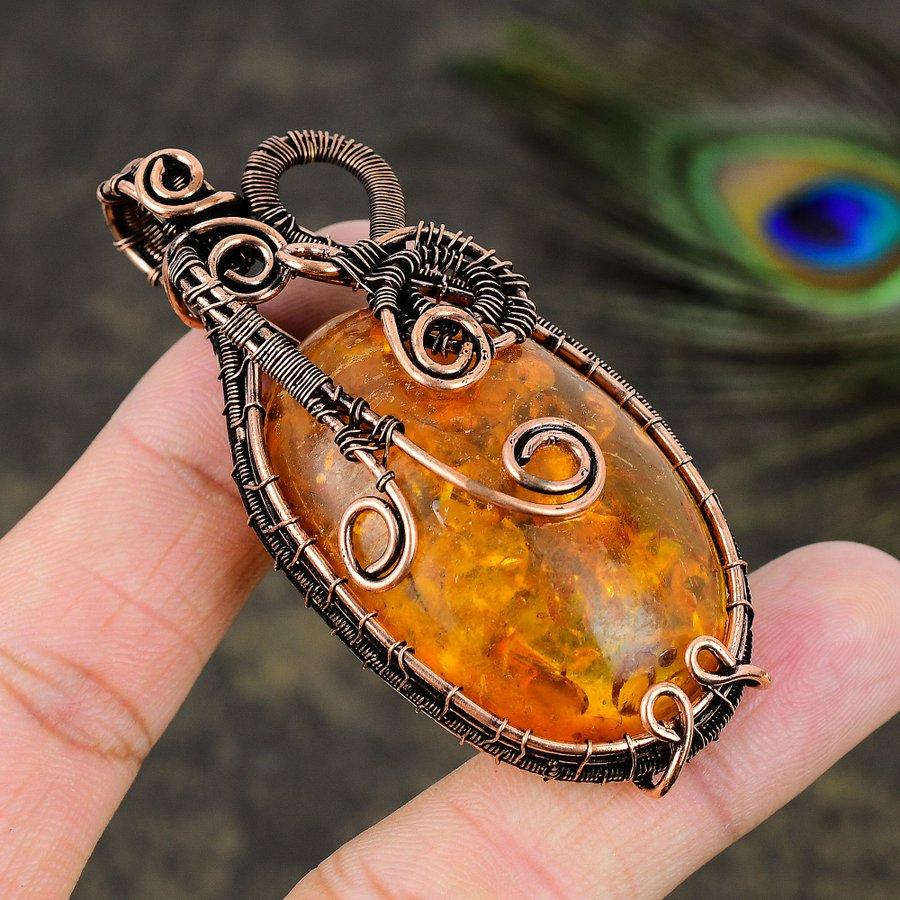 Baltic Amber Gemstone Copper Wire Wrap Jewelry Pendant 2.84