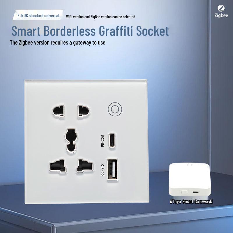 WiFi/ZigBee Smart Socket with Voice Control, Remote Timing, Type-C & USB Fast Charging - New Model