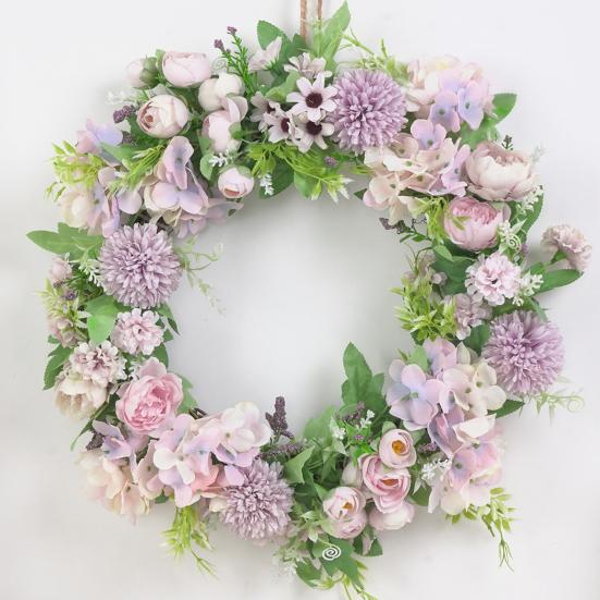 15.75" Spring Wreath Faux Peony Wreath Artificial Hydrangea Peony Flower Wreath with Green Leaves for Home Front Door Wedding Wall Decor