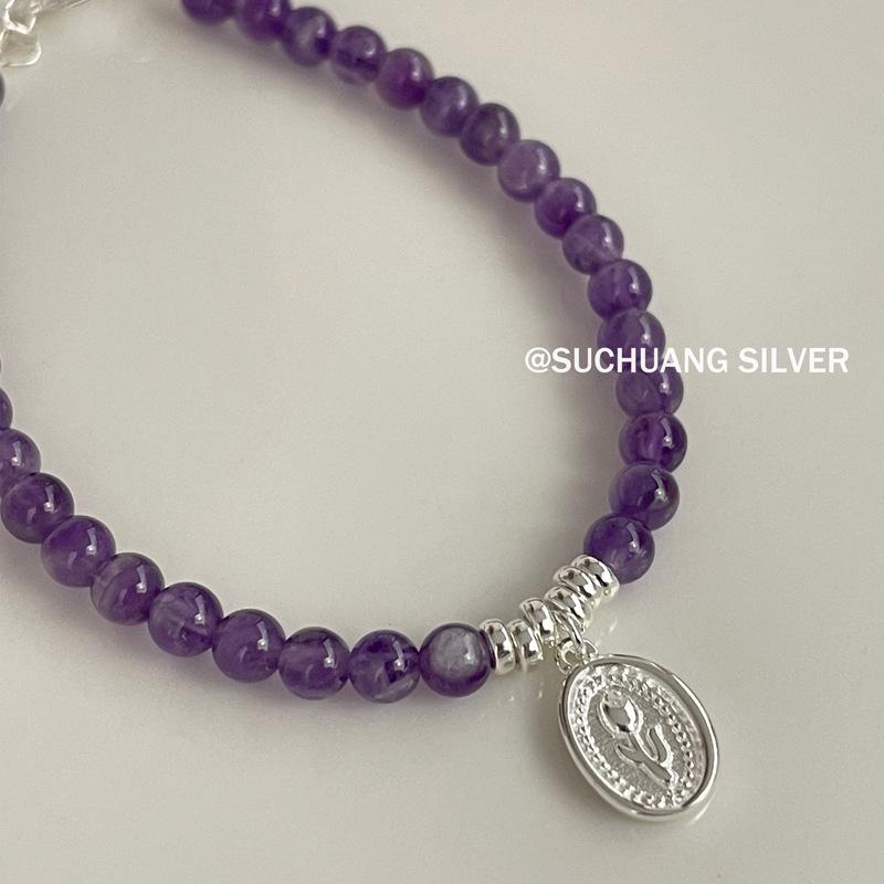 Tulip Oval Pendant Bracelet: S925 Sterling Silver & Amethyst Beads 925 Silver