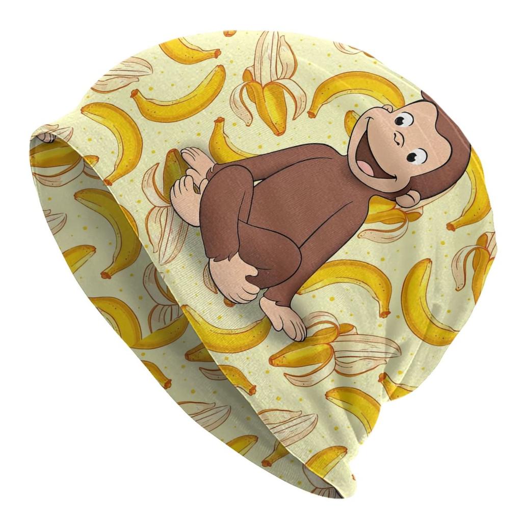 Funny Curious George And Banana Bonnet Hat Cool Outdoor Cartoon Monkey Skullies Beanies Hats Unisexs Womens Warm Dualuse Caps