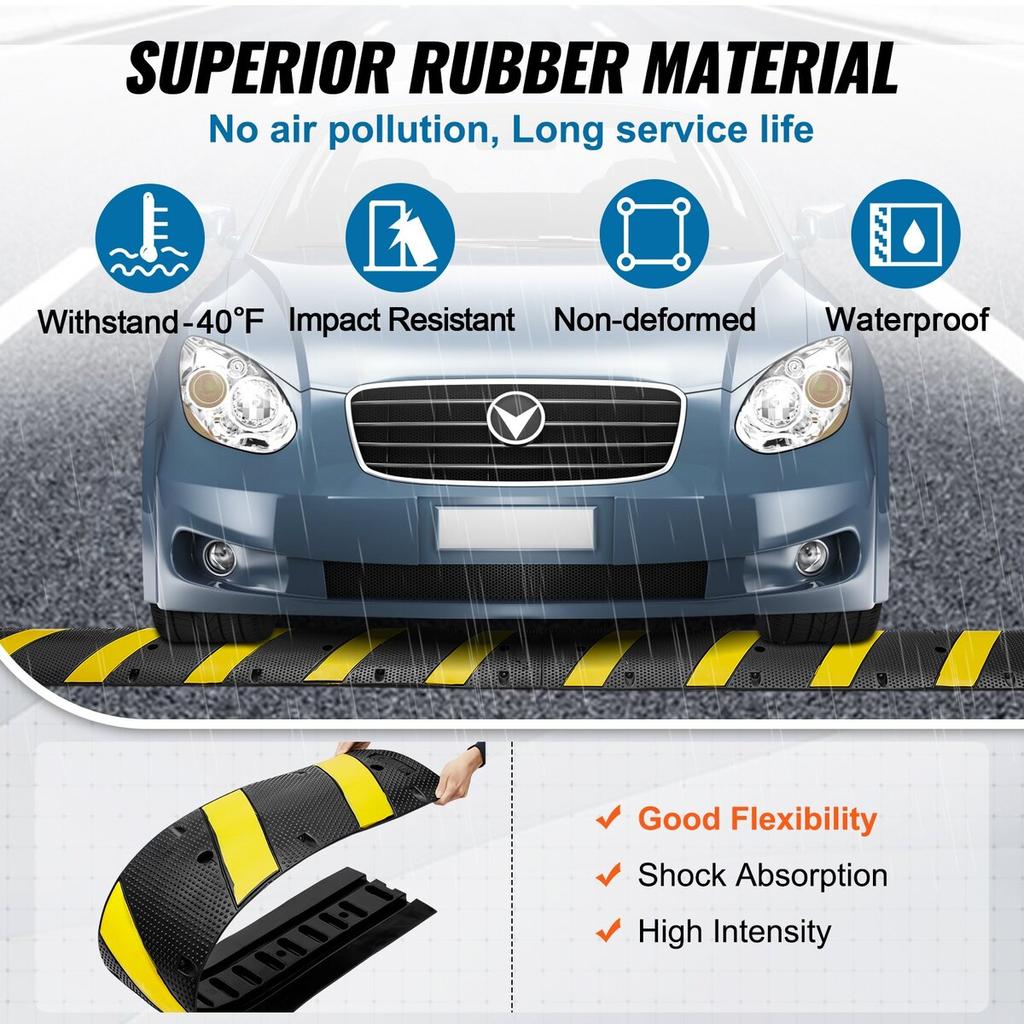 2PCs 6 Ft/72'' Rubber Speed Hump, 2 Channel, 22000 Lbs Capacity Heavy Duty Traffic Speed Bump, with High Reflective Yellow Strip 8 Expansion Screws