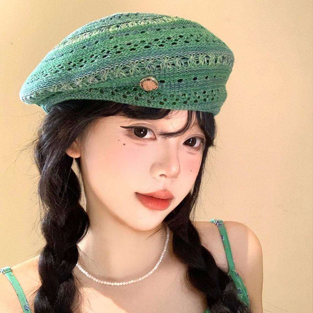 Japanese Style Hollowed Out Beret Hat Fresh Color Thin Weave Painter Hat Vintage Crochet Knitted Elegant Beach Cap Women Girls