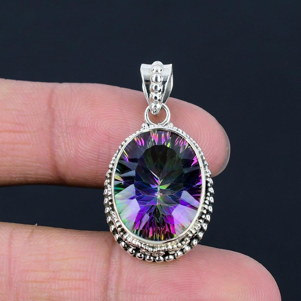 Natural Mystic Topaz Gemstone Pendant, 925 Sterling Silver, Multicolor Gemstone, Handmade Pendant Jewelry Gift For Valentine's Day