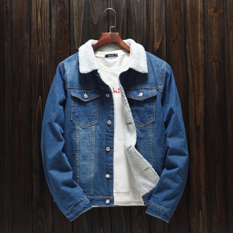 

Men s Trendy Korean Style Blue Lambswool Denim Jacket, Winter Fleece-Lined Thick Slim Fit Top, Plus Sizes Available 5XL