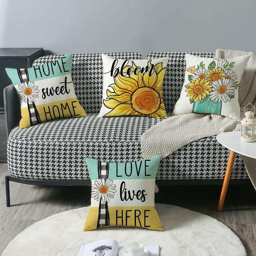 Sunflower Print Cushion Cover Pillow Cover Daisy Print Cushion Cover Linen Print Cushion Cover Living Room Print Cushion Cover