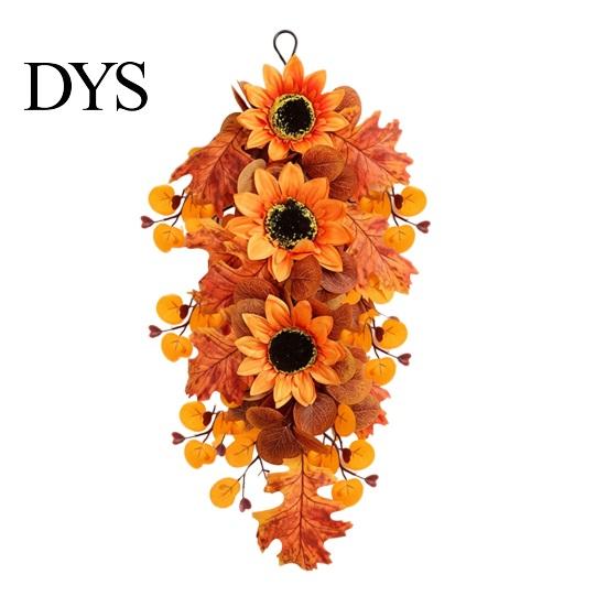 Decorative Sunflower Berries Garland Fall Maple Leaf And Teardrop Swag for Farmhouse Front Door Decor, 50x37cm Realistic Foliage Wreath Artificial