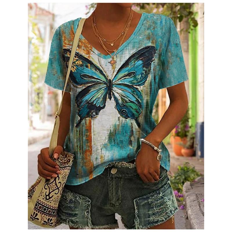 Damen T-Shirt mit Schmetterlingsdruck Kurzarm V-Ausschnitt Regular Schmetterlingsmalerei T-Shirt Damen