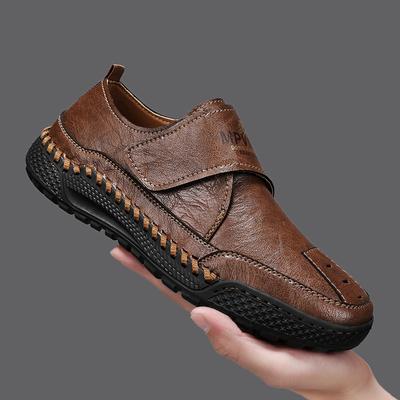 Fashionable Genuine Leather Men's Casual Shoe Round-toed Velcro Walking Shoe Soft-soled Anti-slip and Wear-resistant Office Shoe