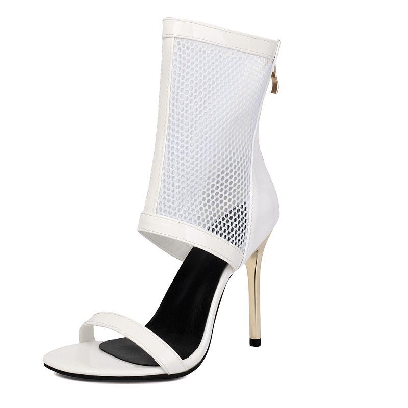 

Black Shiny Sandals for Women Open Toe 11cm Stiletto Heel Zipper Breathable Mesh Sexy Dating Shoes Plus Size 44 45 46 34 белый