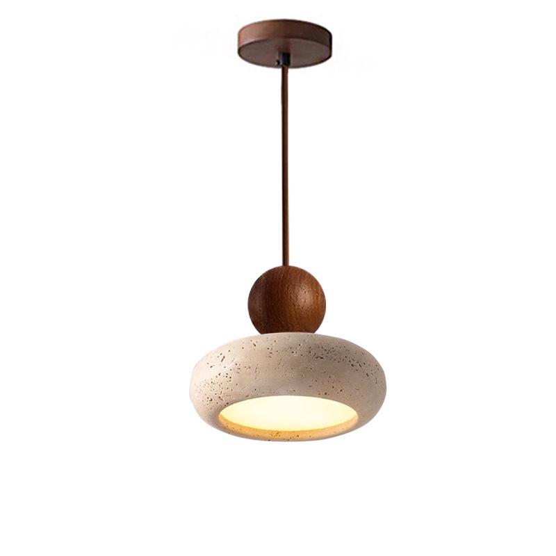 Retro Wabi-Sabi Yellow Travertine Pendant Light - Small Bedside Lamp for B&B or Bar, Solid Wood Round Ball Design