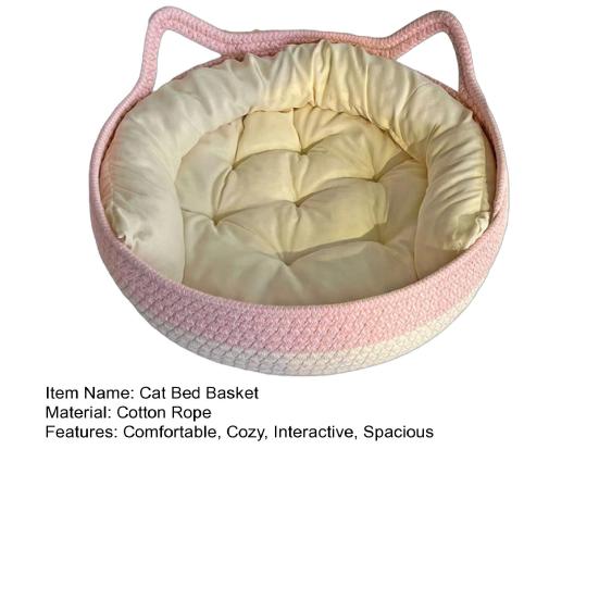 Cat Bed Basket Cotton Rope Woven Pet Bed for Indoor Cats Scratchable Round Pet Sleeping Basket for Cats Puppies Rabbits