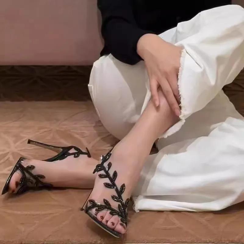 Women Fashion Sandals Designer Rhinestone Open Toe Pointed Toe Transparent High Heels Fine Heel One Strap Celebrity Women Shoes