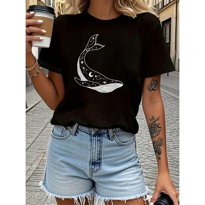 Unisexs Crew Neck Short Sleeve Casual Tee Celestial Whale With Star Constellation Print Daily Summer Top