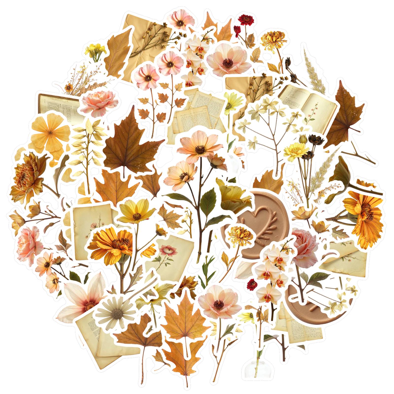 

35pcs-50pcs Vintage Floral Stickers Natural Autumn Teacher Reward Stickers Sticker Pack For Laptop Luggage Scrapbook Diary
