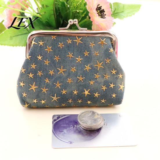 Washed Denim Wallet Golden Star Coin Purse, Women Change Kiss Lock Purse Closure Pouch for Folded Cash Coins Cards Mini Makeup