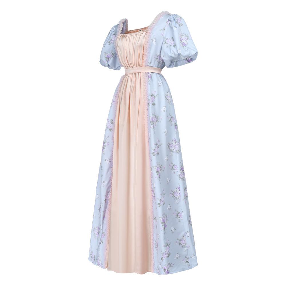 Vintage Regency Floral Tea Gown, Puff Sleeve Empire Waist Victorian Dress for Women, Ideal for Bridgerton Cosplay, Tea Parties and Halloween