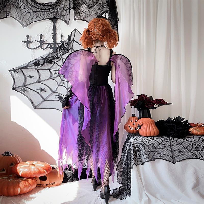 Halloween Adult Costume Wings Dark Angel Ghost Bride Vampire Queen Dress Purple Witch Dress