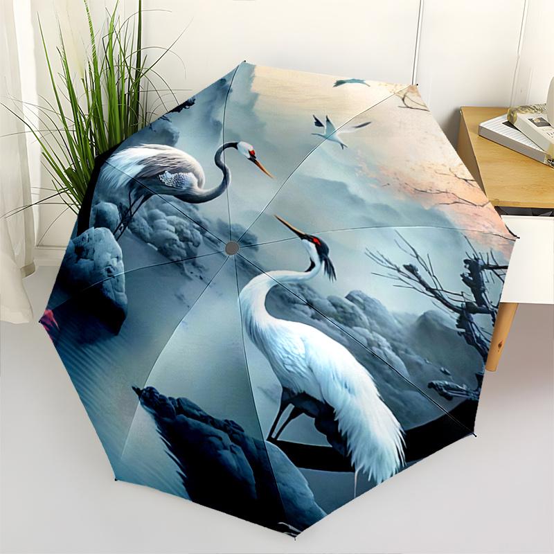 

1pc Autumn Serenity Crane Pond Scene Outdoor Umbrella Automatic Opening/Closing, Foldable Design, 8-Rib Iron Frame, Festival Gift for Fans, Trave