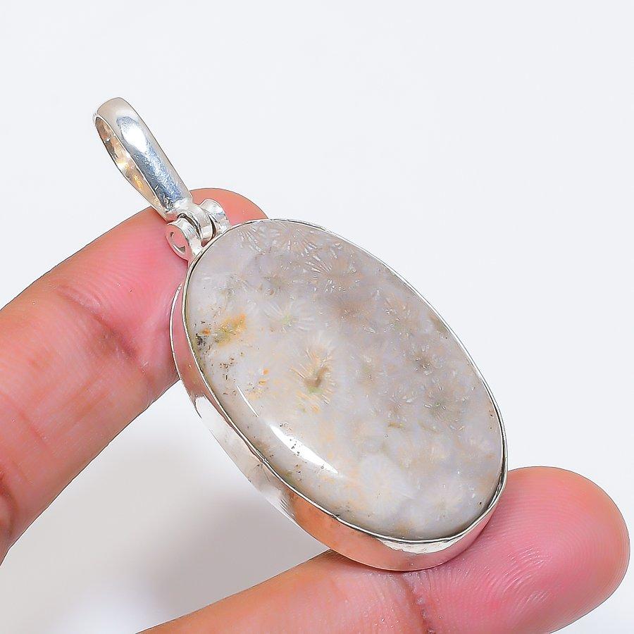Natural Fossil Coral Gemstone 925 Sterling Silver Jewelry Pendant 2.29" ZS-1260