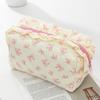Makeup Organizer Bag Large Capacity Ruffled Edge Bow Floral Print Pen Storage for School Travel Work