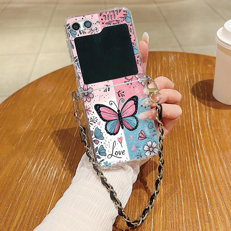 Metal Rope Lanyard Case For Samsung Galaxy Z Flip7 Flip6 Flip5 Flip4 Flip 7 FE 6 5 4 3 5G Beautiful Butterfly Print TPU Cover