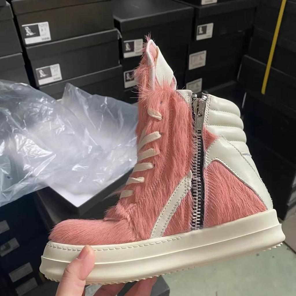 Brand Women Shoes Pink Furry Sneaker Men Shoe High-Top Sneakers Quality Horsehair Genuine Leather Fashion Designer Ankle Boots