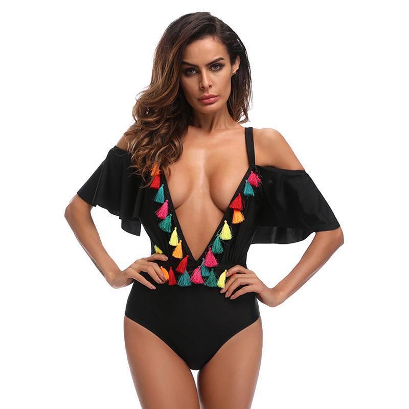 Enchanting Black Sexy Deep V One Piece Swimsuit Bikini Retro Bodysuit For Women