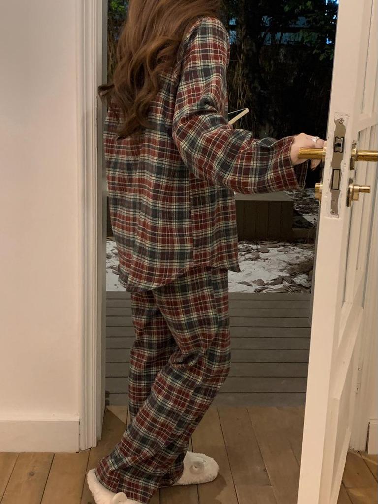 Japanese & Korean Style Couple's Plaid Lace Long-Sleeve Pajama Set